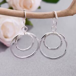Double Circle Pendant Dangle Silver Earrings Cut Out Ring Drop Textured Jewelry